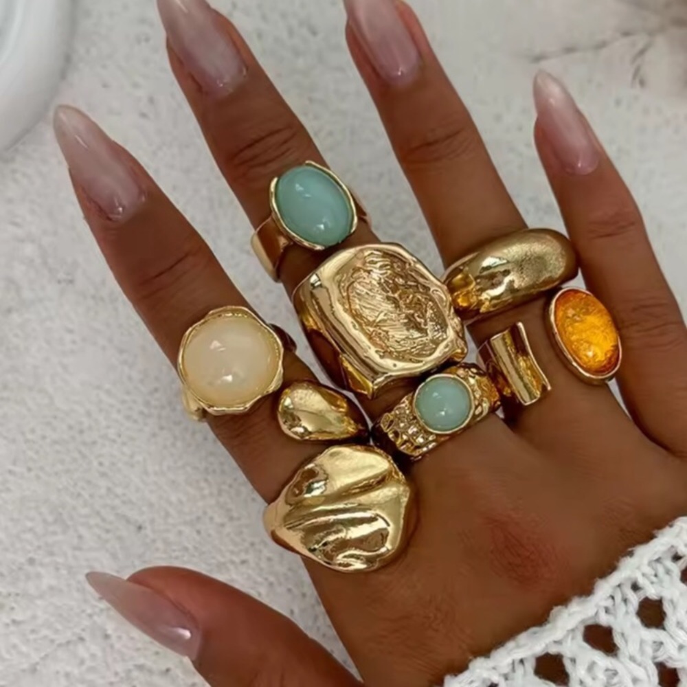 Chunky 24k Gold Plated Luxury 7-Piece Gold Fashion Rings Set new